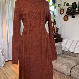 Merona Rust Orange Cable Knit Long Sleeve Sweater Dress Womens Medium